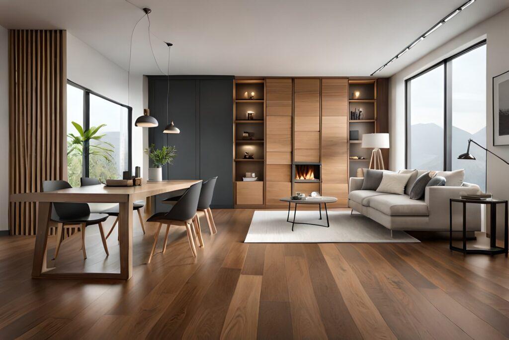 Modernes Wohnzimmer mit Holzboden und Kamin | Klick Vinyl Eiche