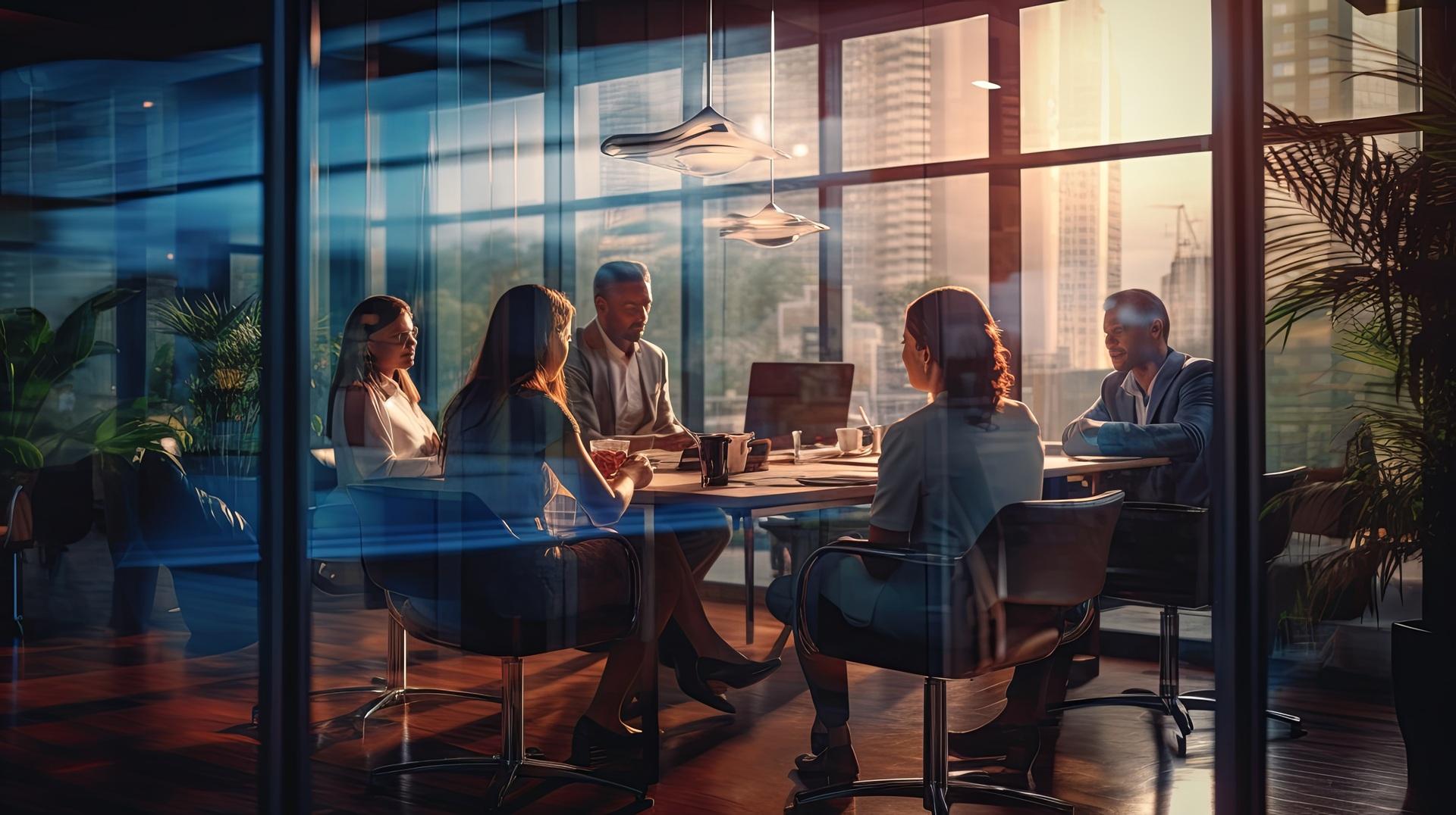 Teammeeting im modernen Glasbüro bei Sonnenuntergang | Veranstaltungsraeume Duesseldorf